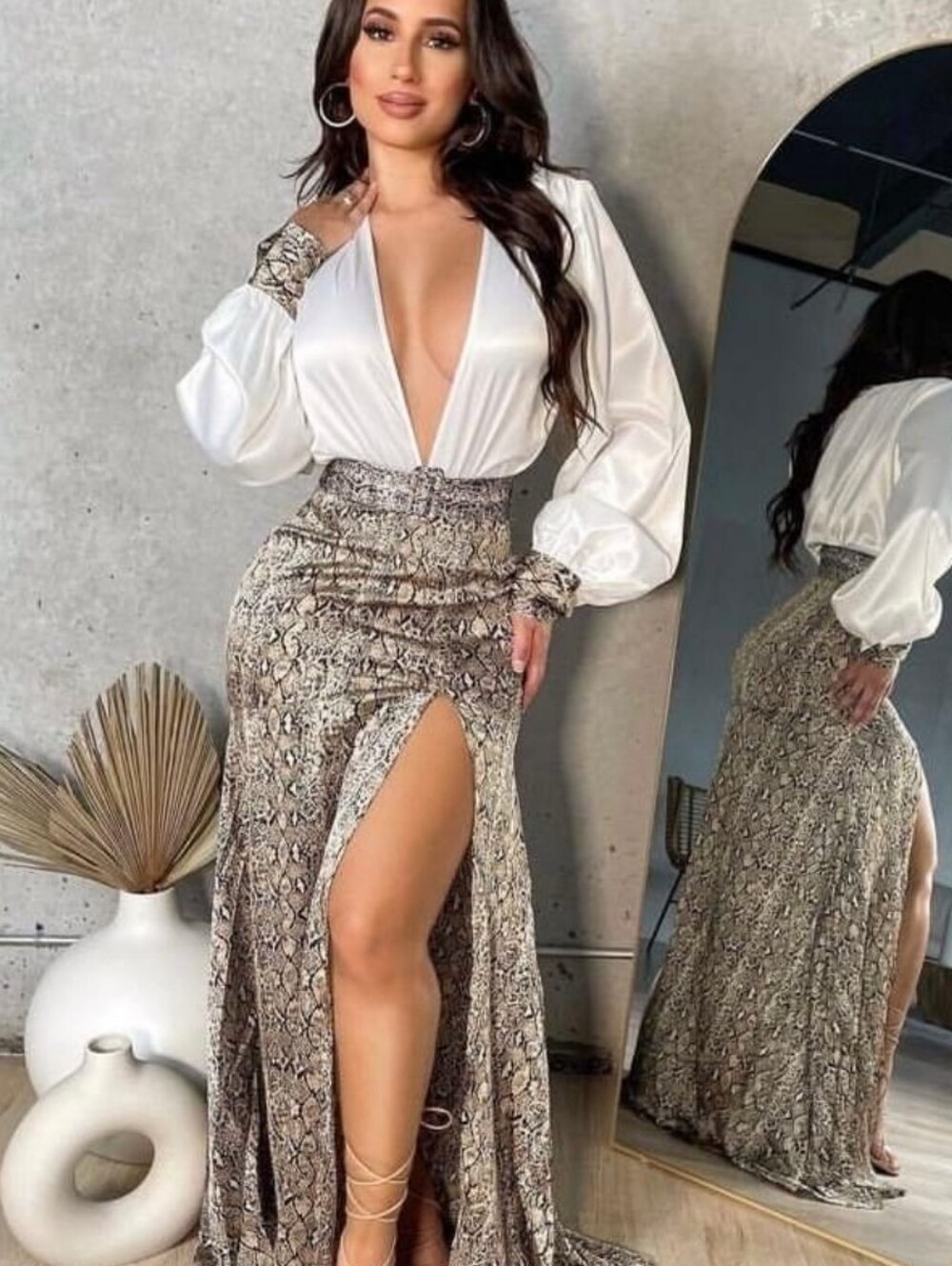 Snake Print High-Slit Maxi Skirt - Taupe